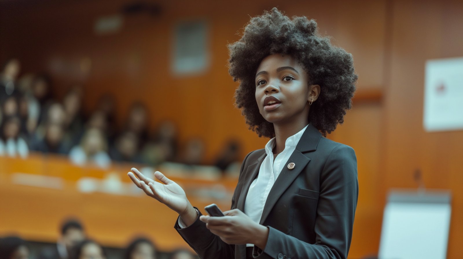A student speaking confidently to a room